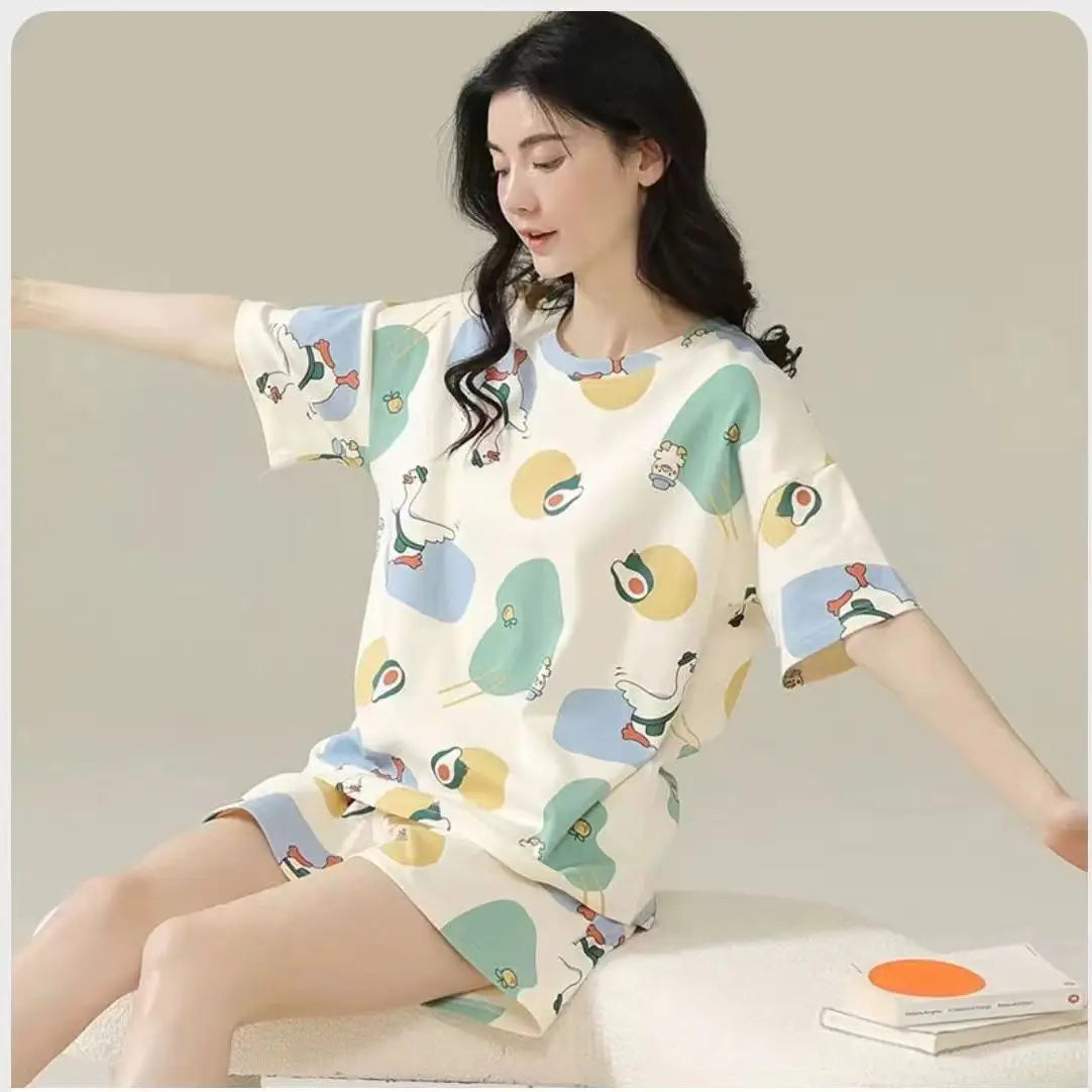 Women's Summer Short-Sleeved Short Pants Set, Youthful Teenage Student Oversized Loose-Fitting Casual Homewear Summer Set