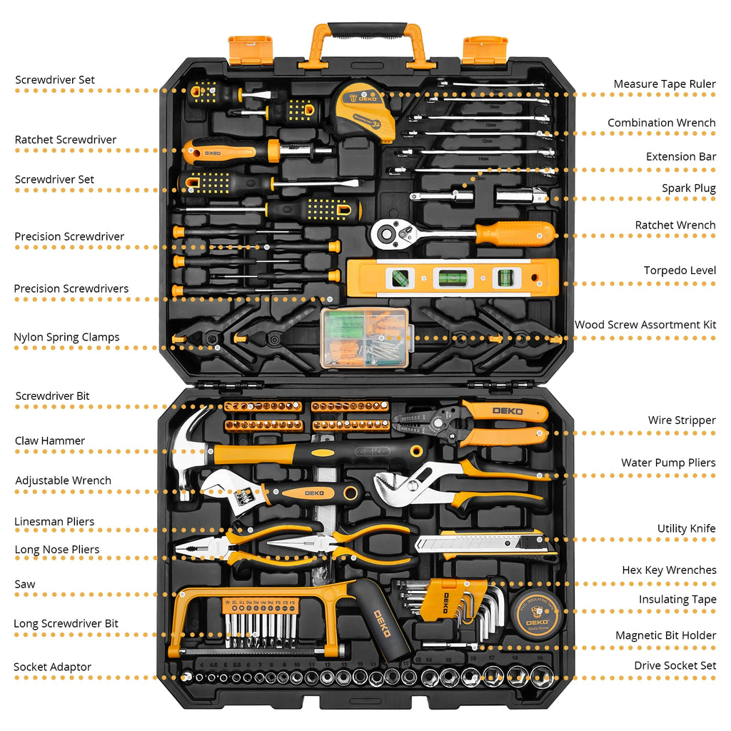 DEKO 228Pieces Socket Wrench Auto Repair Tool Combination Package Mixed Tool Set Hand Tool Kit with Plastic Toolbox Storage Case