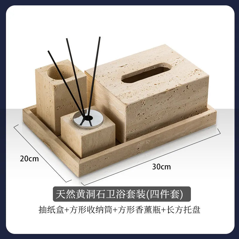 4Pcs Natural Travertine Bathroom Set Wabi Sabi Minimalist Soap Dispenser Tissue Box Luxury Hotel Show House Organizer Decor