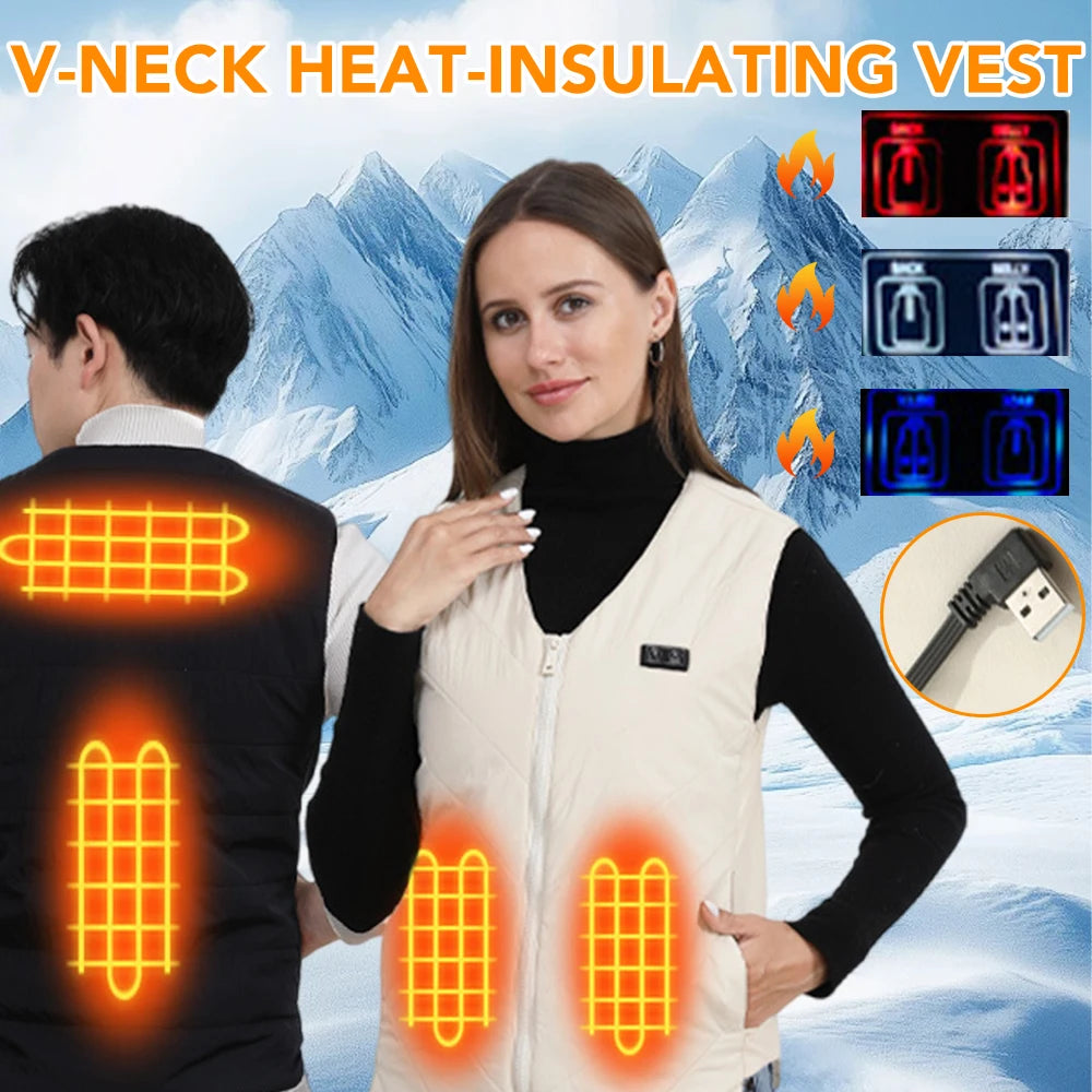 Gilet Chauffant Électrique Intelligent d'Hiver pour Femme, 4 Zones, Style Couple Col en V, Chargement USB, Gilet Chauffant, Veste Thermique Chaude d'Extérieur