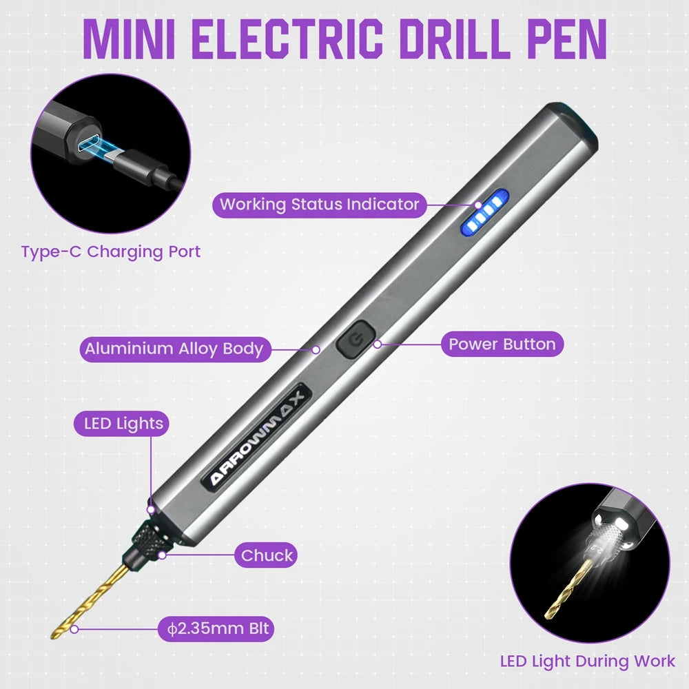 ARROWMAX Mini Electric Drill Rechargeable Rotary Tool Cordless Drilling for Crafts Wood Plastic Aluminium Jewelry Home DIY