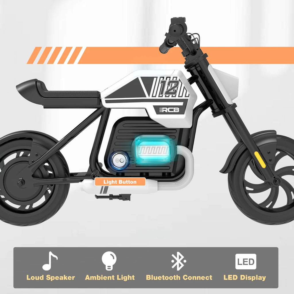 RCB R9 Motorbike electric kids motor, motor W IP54, 24V 5.2Ah, 12-15km, 3-speed, 12-inch tyre, Bluetooth music, as early as 4 years
