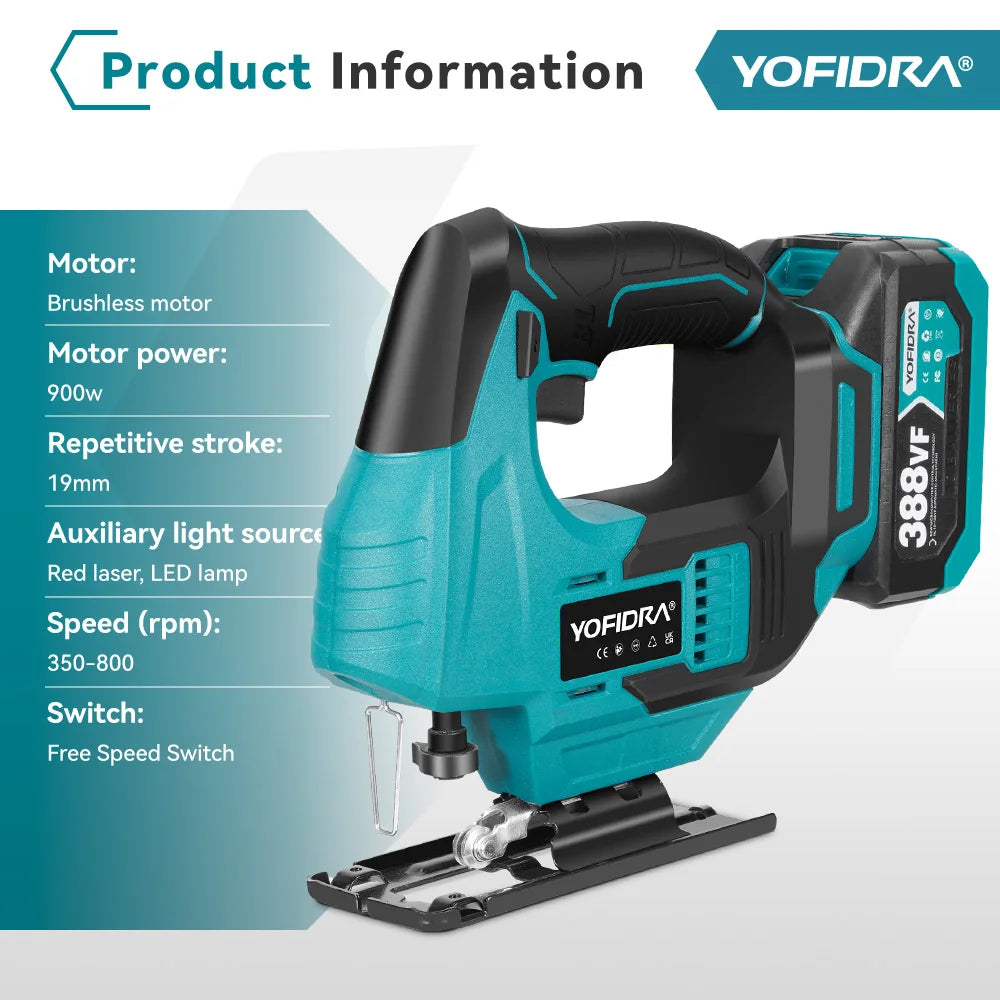 YOFIDRA Brushless 19mm Electric Jig Saw Infrared Laser Curve Saw Variable Speed MultiFunction Cutter For Makita 18V Battery Pin