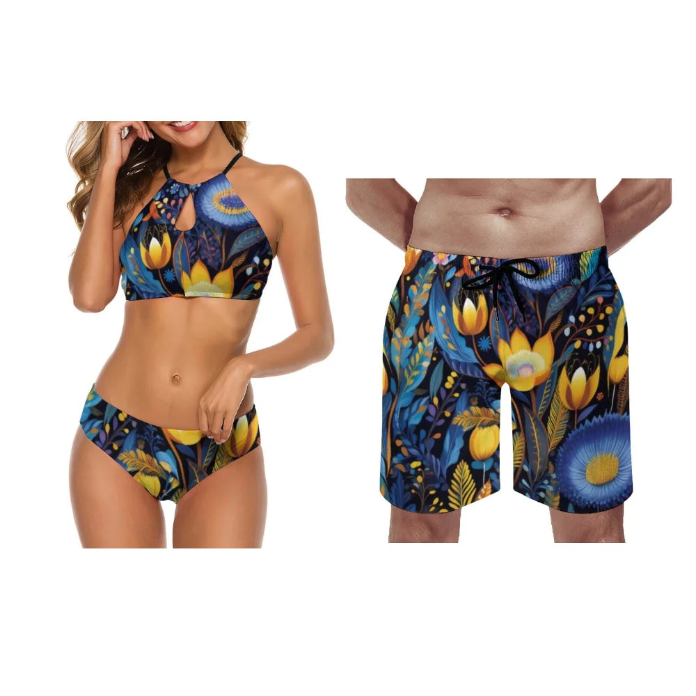 Maillots de bain d'été assortis pour couples, maillots de bain deux pièces pour femmes, motifs floraux d'été personnalisables