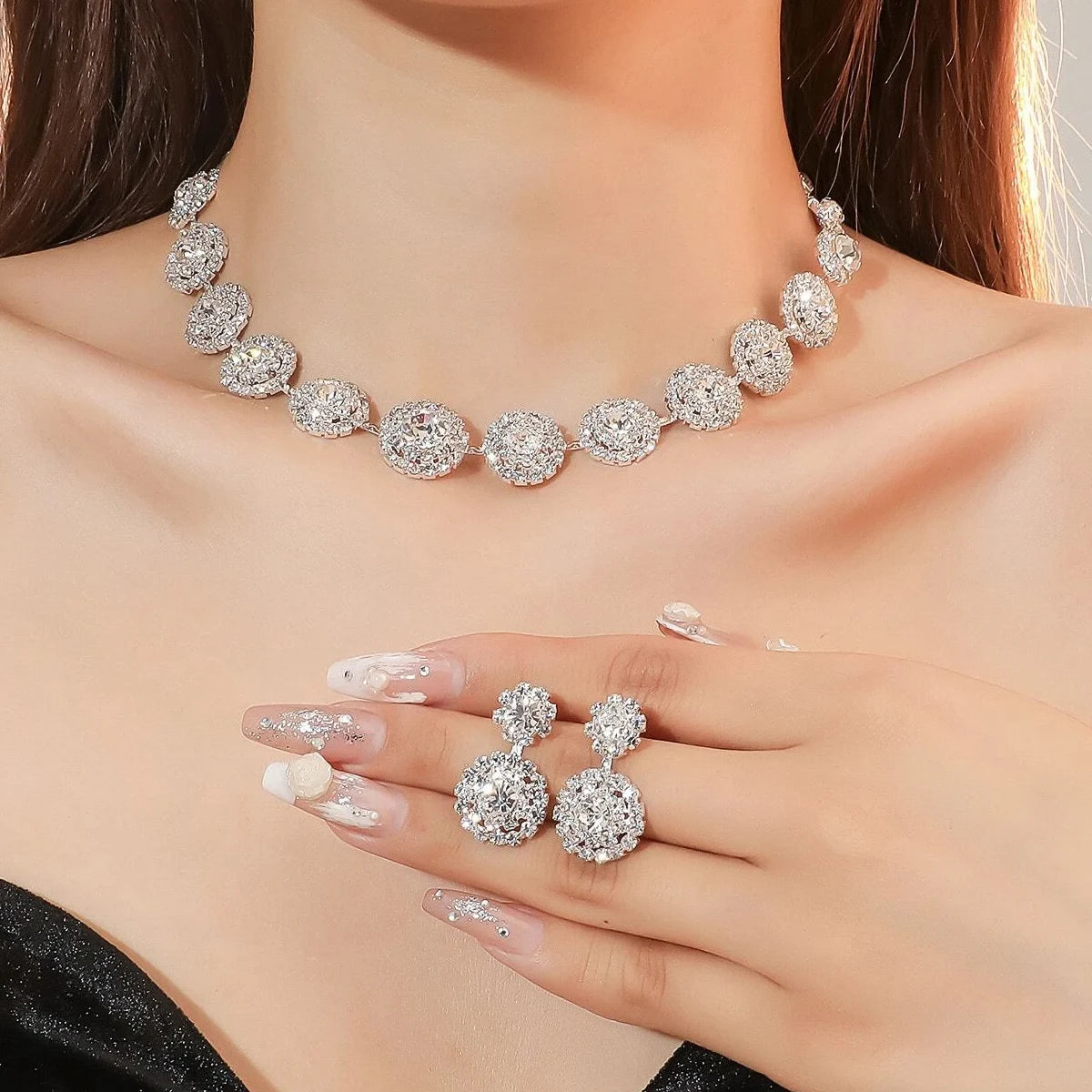 3pcs Women's Jewelry Set Rhinestone Earrings Necklace New Wedding Party Luxury Fashion Accessories-4068