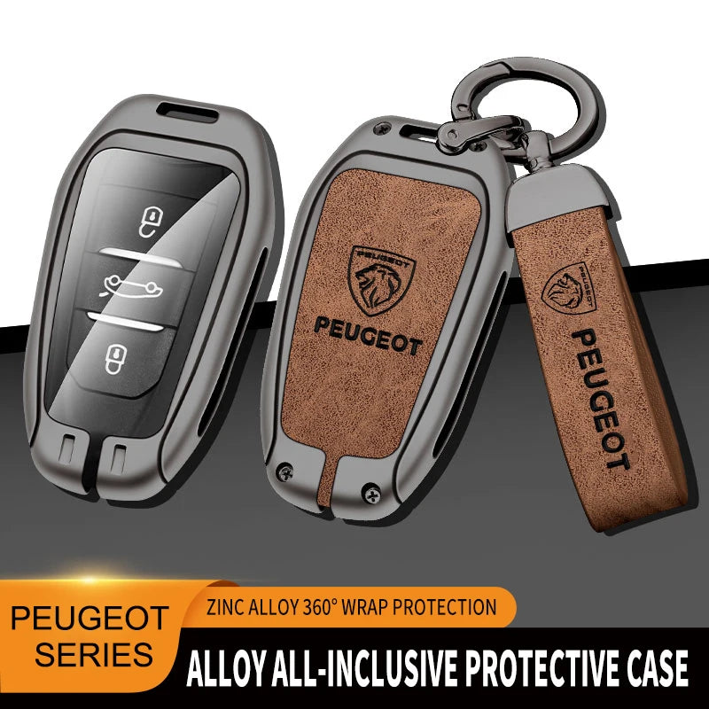 Leather Zine Alloy Car Smart Key Case Shell Cover Protector Fob For Peugeot 308 408 508 2008 3008 4008 5008 Keychain Accessories