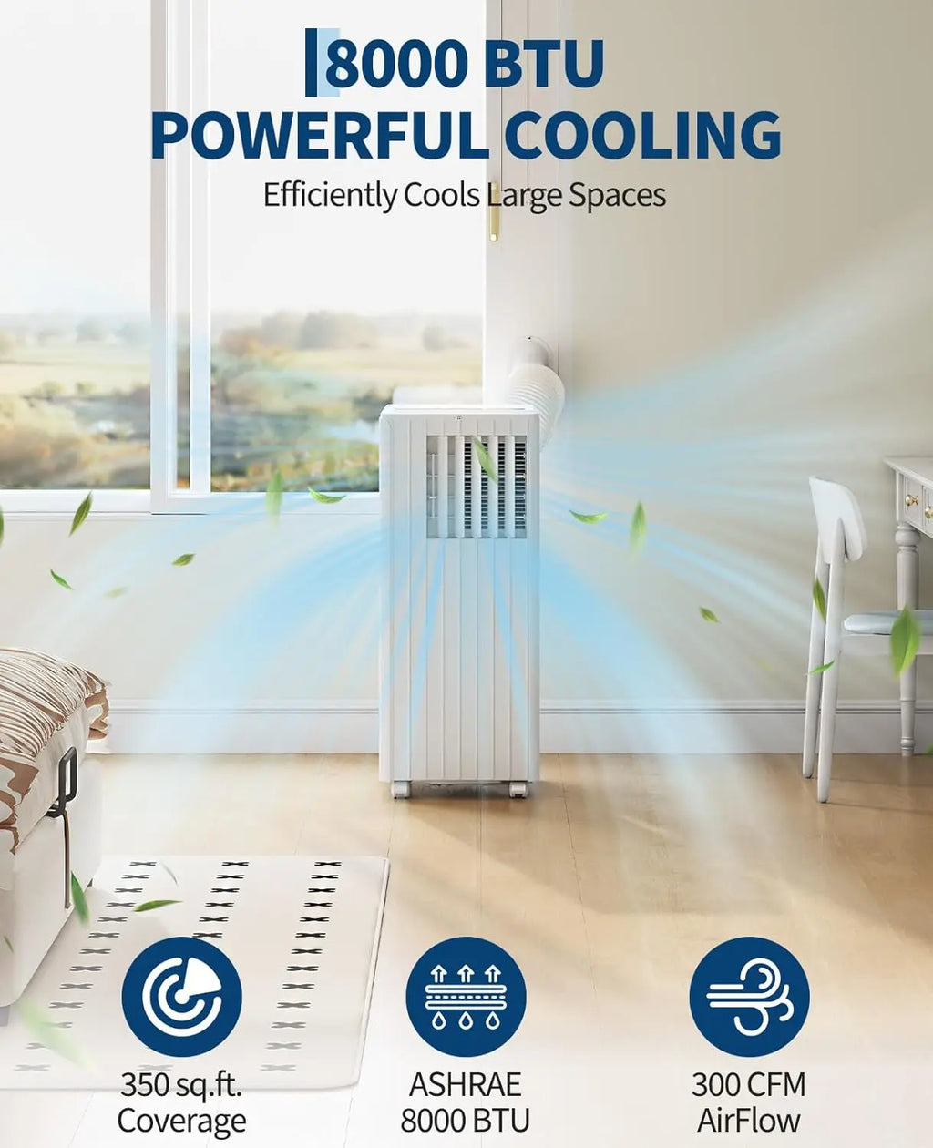 Portable Air Conditioner 8000 BTU, 3-in-1 Cool, Dehumidify & Fan, Covers Rooms Up to 350 Sq. Ft, Quiet Sleep Mode, Energy-Saving 24-Hour Timer, Includes Remote Control and Full Window Kit, White