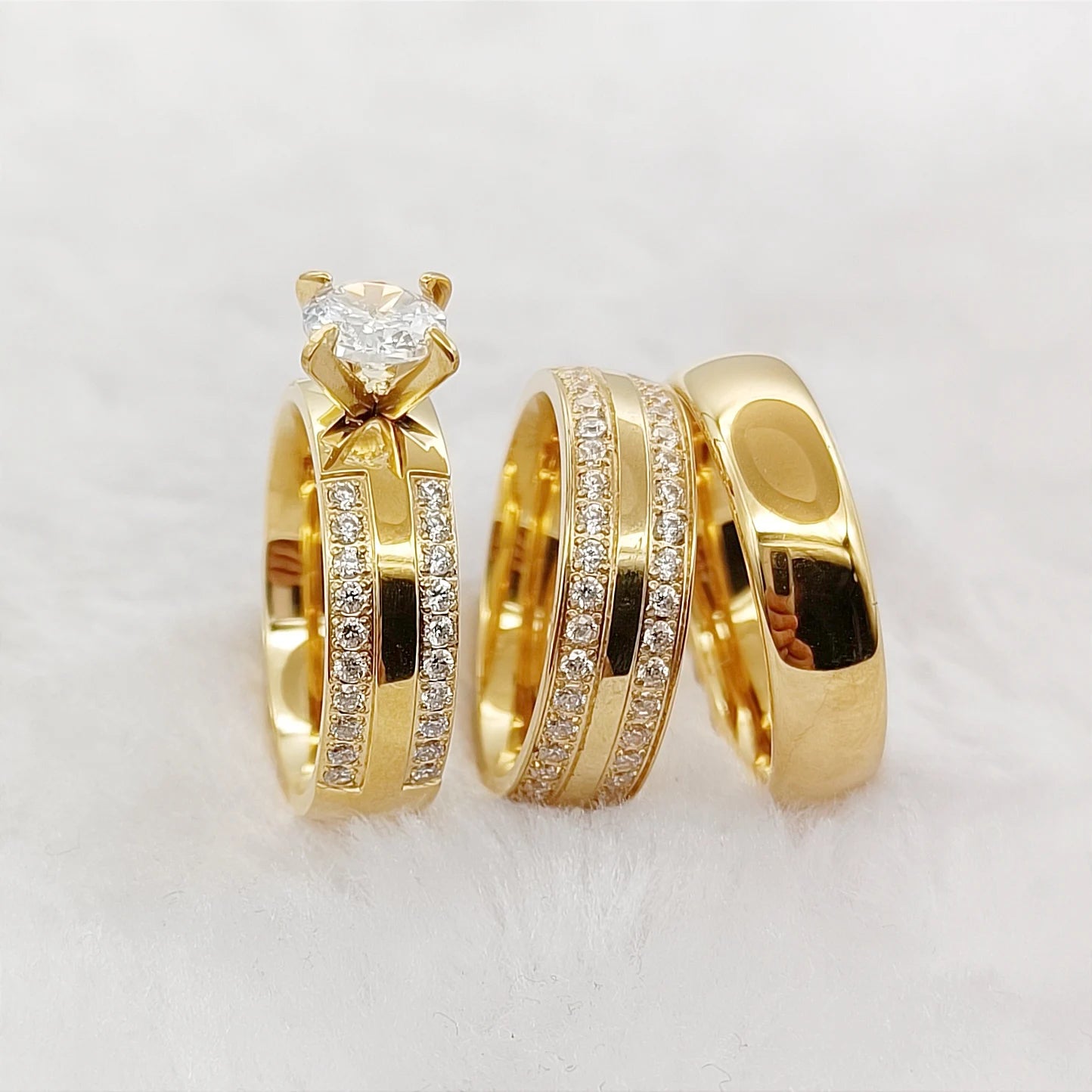 3pcs Matte Titanium Jewelry Italian Women 24k Gold Plated Ring Cz Diamond Ring Marriage Wedding Proposals Bridal Sets Couples