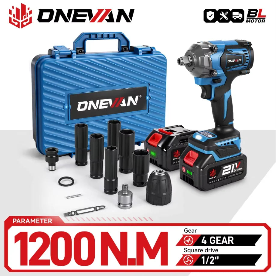 ONEVAN 1200Nm Brushless Electric Impact Wrench Cordless Wrench Socket Rechargeable 1/2Inch Power Tool For Makita 18V Battery Pin
