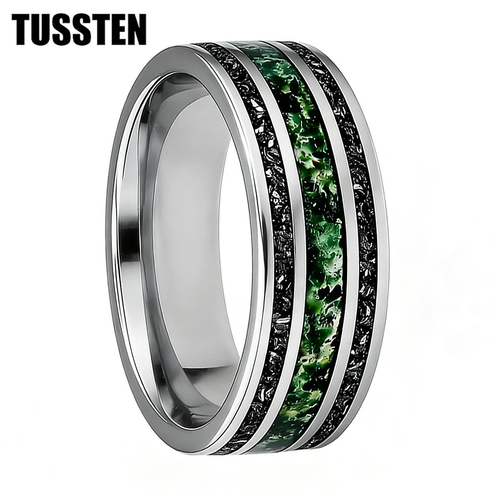 TUSSTEN 8MM Men's and Women's Wedding Tungsten Ring Inlaid Moss Agate And Meteorolite Inlay Comfortable Fit