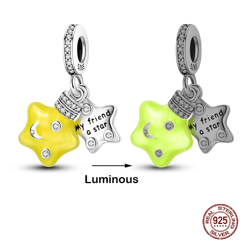 Hot Sale 925 Silver Glow in the dark Firefly Honeybee Star Charms Beads Fit Qikaola 925 Original Bracelets Fine DIY Jewelry Gift