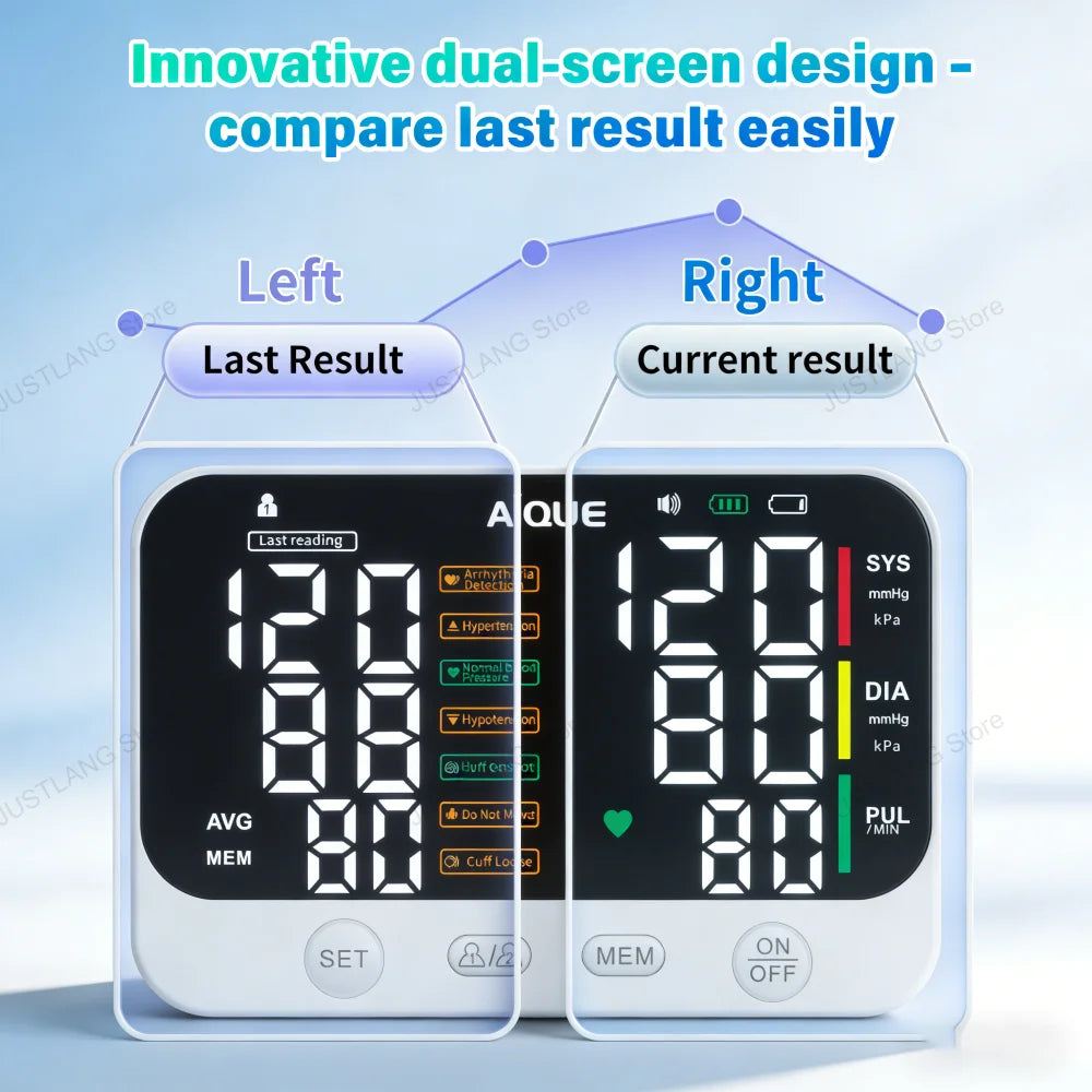 JUSTLANG 1000mAh Blood Pressure Monitor Dual Result Display HD LED Arrhythmia Tonometer Digital Tensiometer Pressure Measure Arm