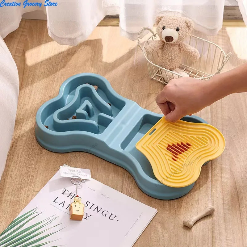 Non Slip Bone Shaped Dog Slow Feeder Bowl Double Compartment Interactive Maze Pet Food Dish for Fast Eaters Anti Choking Dry Wet