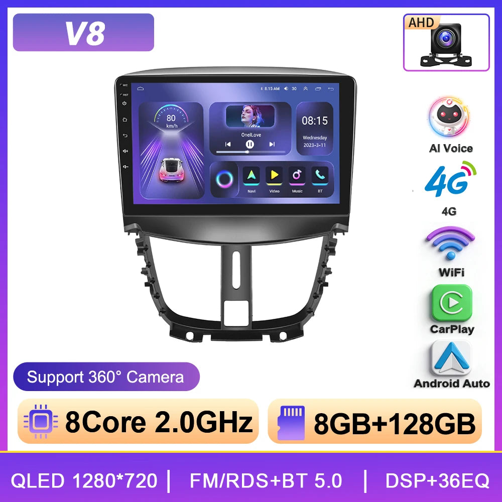 Podofo  6+128G Wireless CarPlay Auto Car Radio for Peugeot 207 CC 207CC 2009-2013 Multimedia Player 2Din Car Stereo GPS 4G Wifi