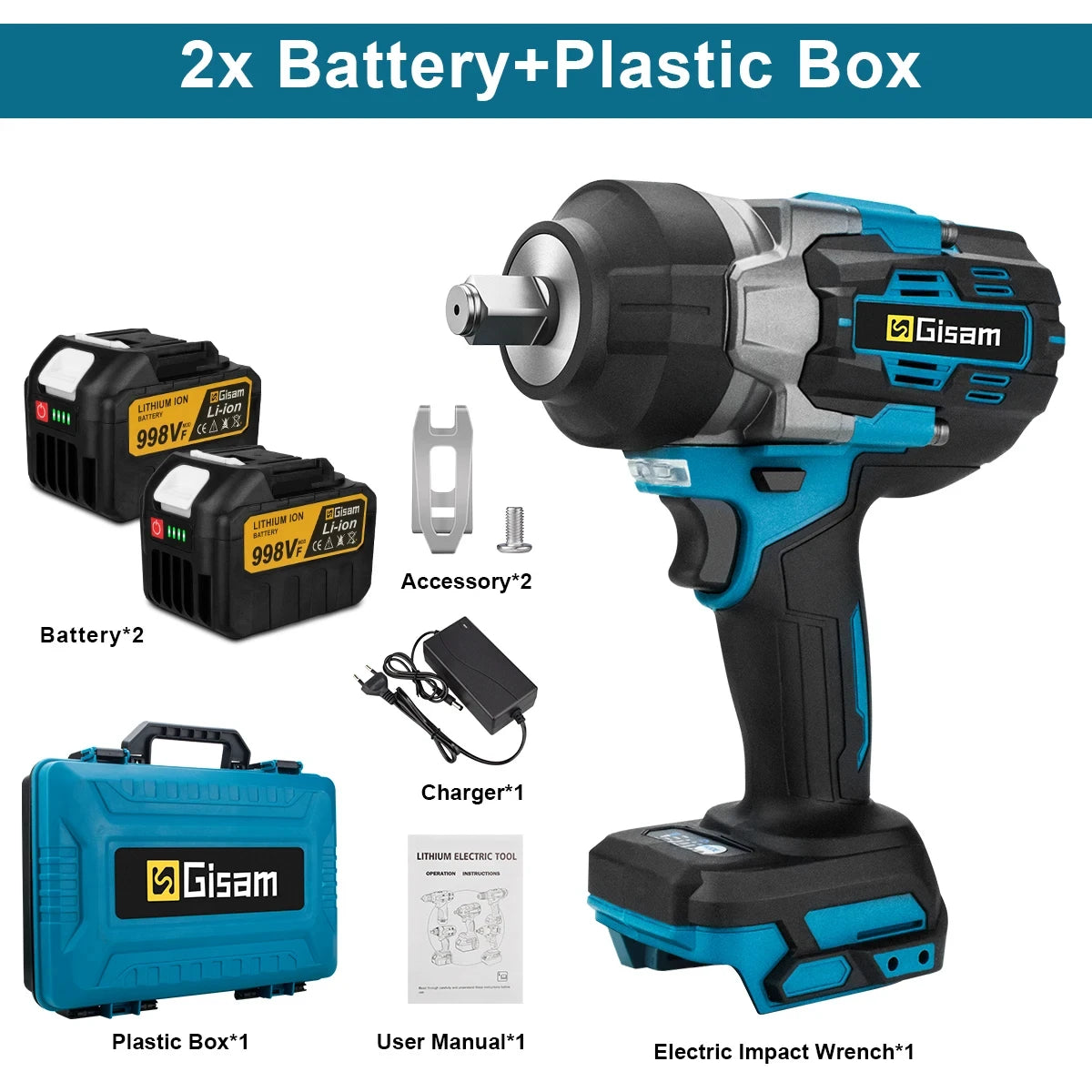 Clé à chocs électrique sans balais Gisam 2800 N.M 1/2 pouce, tournevis électrique, perceuse compatible avec la batterie Makita 18V Pin