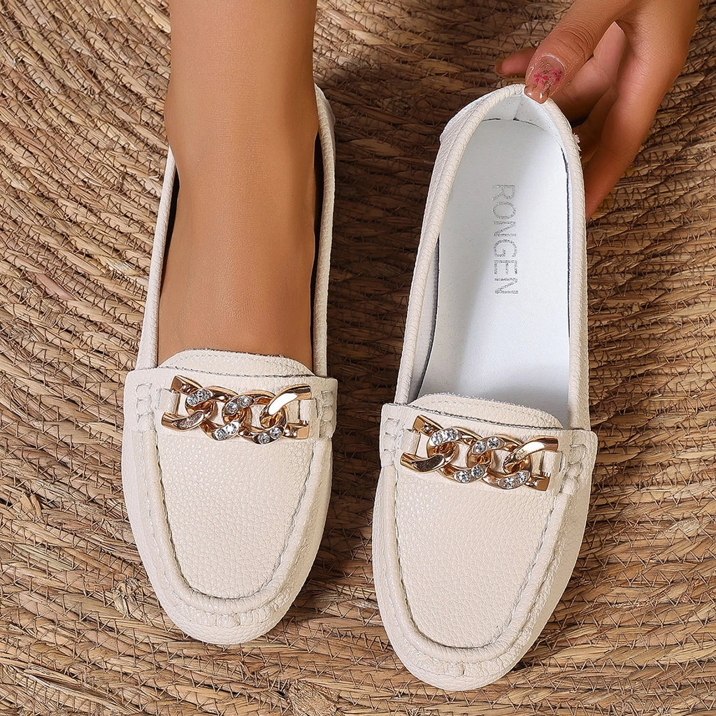 Spring Autumn New Bean Shoes Female Women Round Head Low Heel Knot Chain Casual Footwear Mother Shoes Lady Loafer