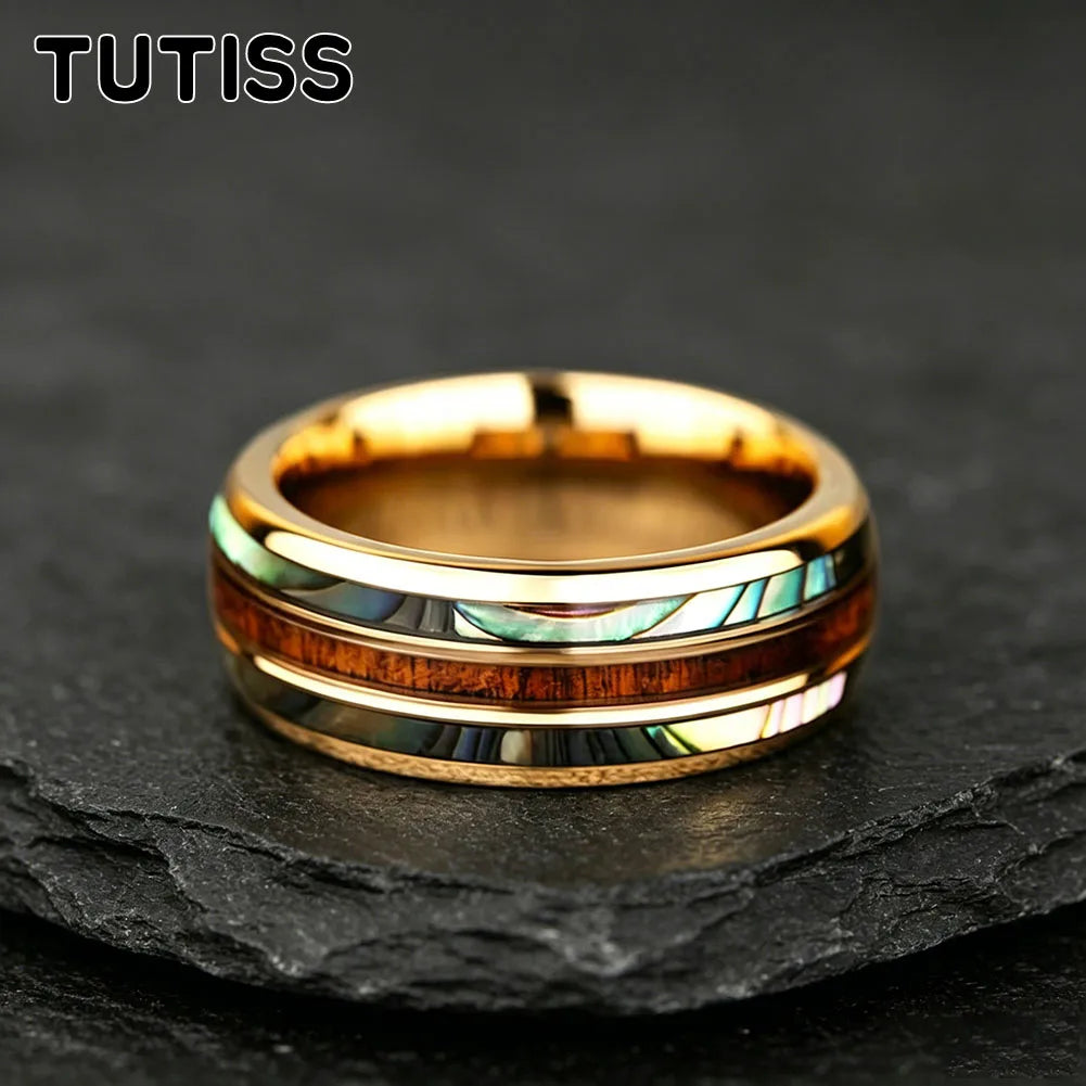 8mm Whiskey Barrel Abalone Shell Inlaid With Rose gold Tungsten Wedding Ring, Polished Edge, Couple Engagement Anniversary Gift