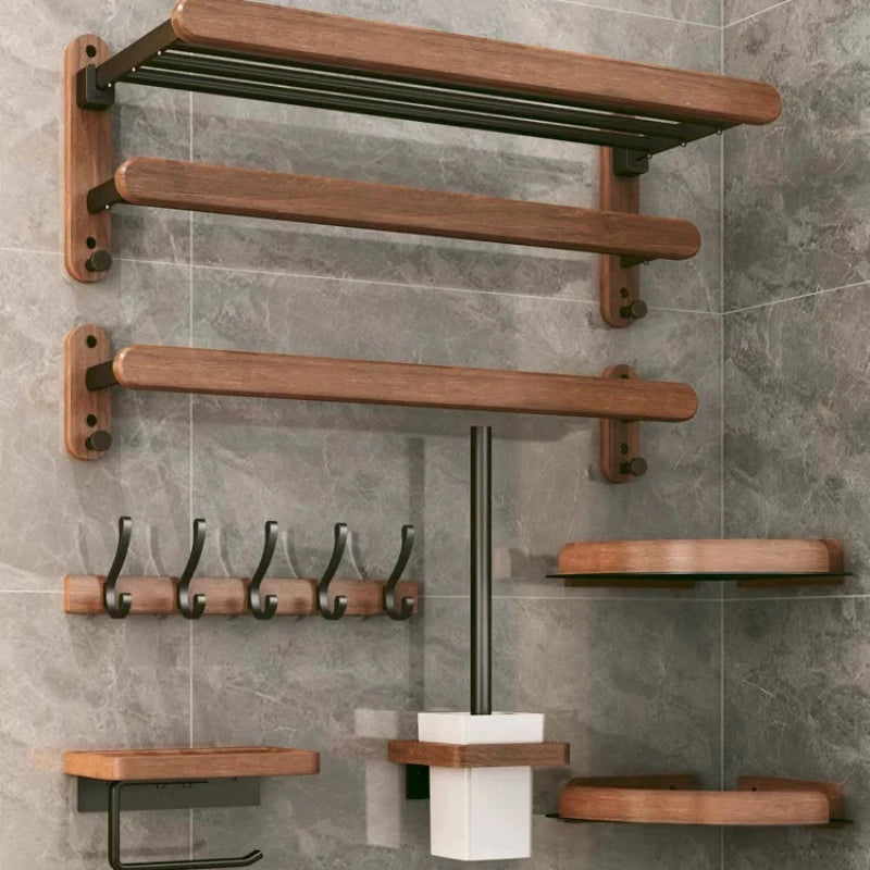 Porte-serviettes en noyer sans poinçon, étagère de salle de bain, support mural de rangement pour toilettes, accessoires de salle de bain