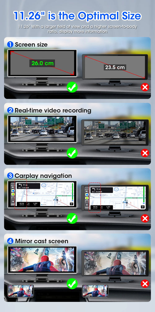 10/11.26 inch Dash Cam 4K Car DVR Wireless Carplay & Android Auto GPS Navigation Video Recorder Dashboard Dual Lens Wifi FM AUX