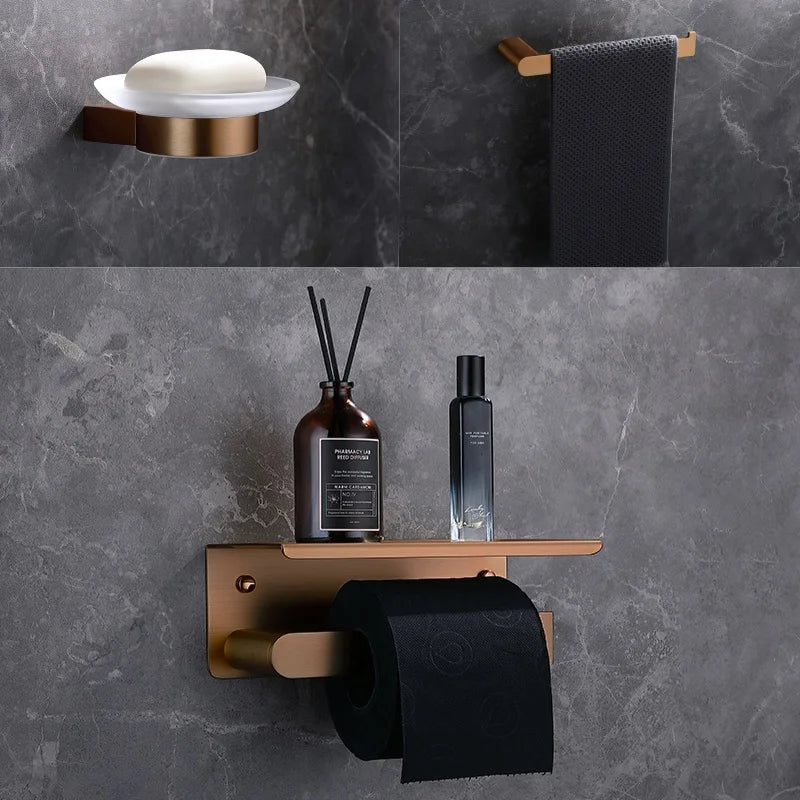 Brushed Rose Gold Storage Rack Towel Bar Tissue Holder Bathrobe Hook Cup Holder Toilet Brush Soap Dish Bathroom Accessories