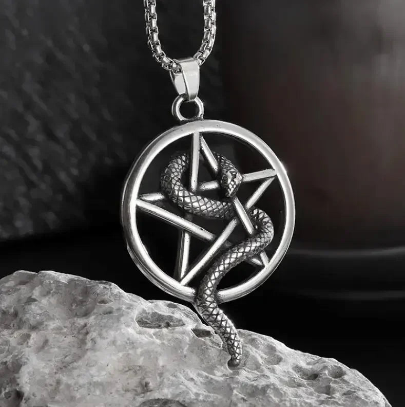 Vintage Gothic Snake Coiled Demon Skull Pendant Necklace for Men Boys Rock Party Halloween Jewelry Gift