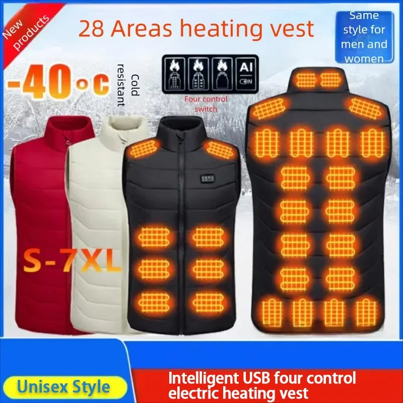 New Loose Casual Stand Up Collar 28 Areas Intelligent Heating Vest for Women Men Winter Thermal Electric Heating Jacket Coat