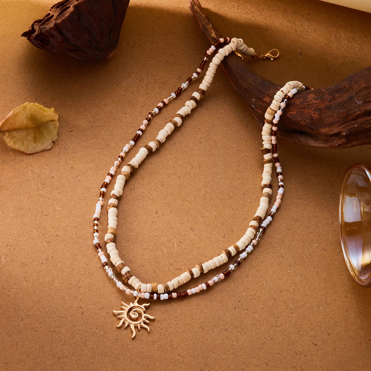 Bohemian Coconut Shell Wooden Beaded Necklace For Women Men Vintage Tribal Sun Pendant Choker Beach Party Holiday Charm Jewelry