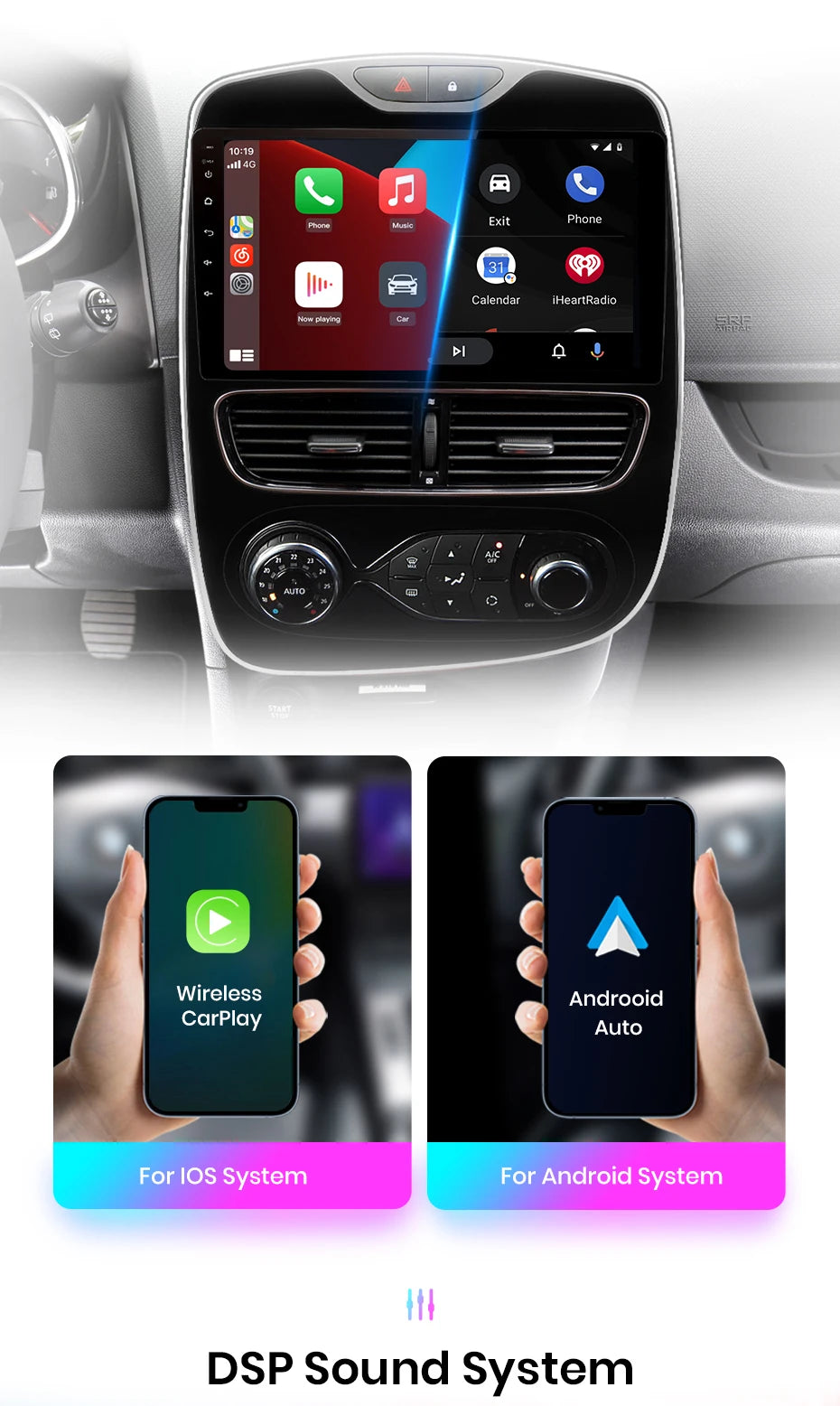 Junsun Wireless CarPlay Android Auto Car Radio for Renault Clio 4 2012- 2017 2 DIN Multimedia Stereo with Built-in Cooling Fan GPS Navigation SWC Bluetooth FM RDS DSP IPS Screen Car Intelligent Systems 4G WiFi 8 Core