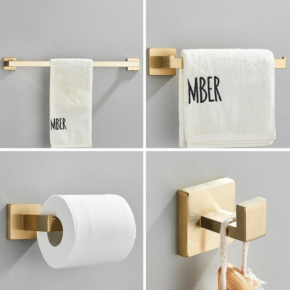 Ensemble d'accessoires de salle de bain en or brossé, barre porte-serviettes murale, porte-papier toilette et crochet en acier inoxydable, support de salle de bain.