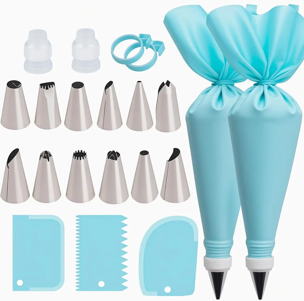 Reusable piping set: 2 bags, 12 tips, couplers, rings & scrapers for cake, cupcake & cookie decorating