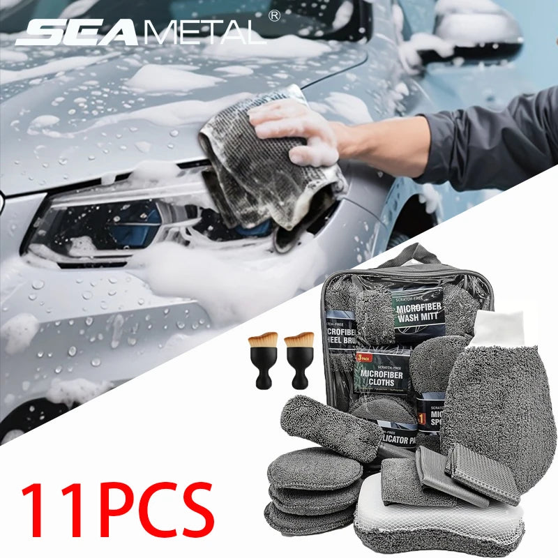 SEAMETAL 11pcs Microfiber Car Cleaning Kit Upgrade Car Wheel Tire Brush Sponge Towel Detailing Mitts Clean Pads with Storage Bag