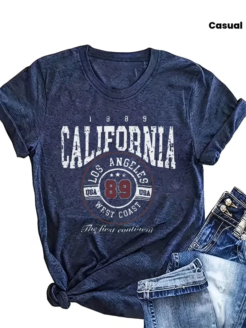 Col rond Manches courtes Style rétro américain Californie Los Angeles 89 Lettre Imprimé T-shirt Tenues décontractées pour femmes
