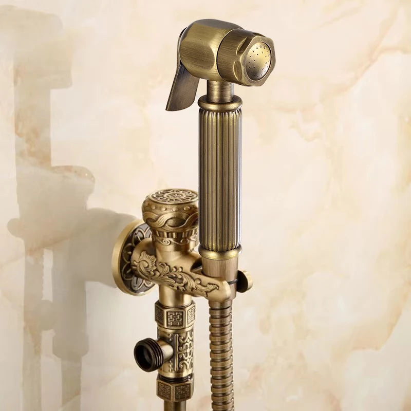 Hand Held Bidet Sprayer Douche Toilet Kit Antique Brass Shattaf Shower Head Gold Copper Valve Set Jet Toilet Bidet Faucet Set