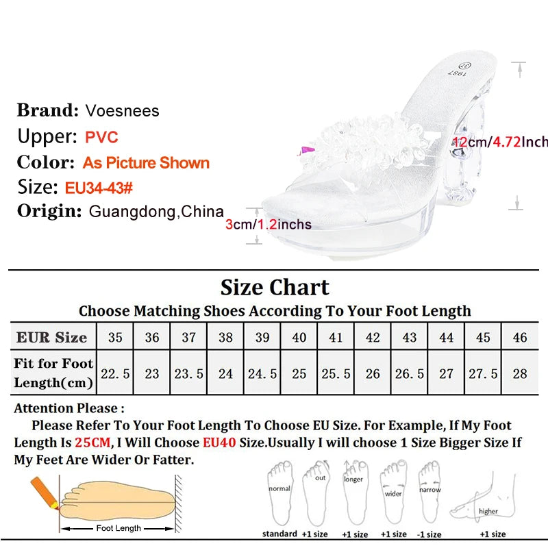 New Women Transparent PVC Slippers Square Toe Large Size Strange Style Sandals 12CM Rhinestones Ladies Shoes Summer High Heels