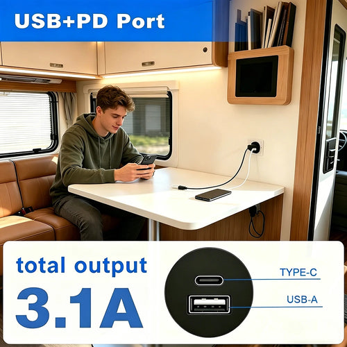 Prise USB 12 V PD 3,1 A Type-C et chargeur USB-C double port encastrable, remplacement pour camping-car, caravane