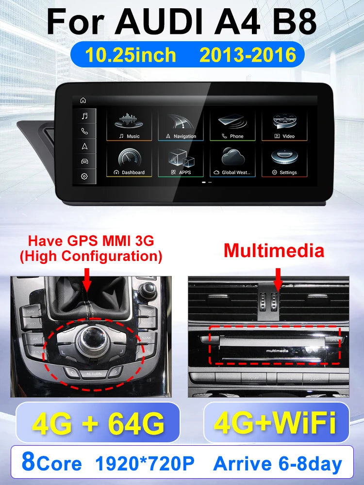 For Audi AUDI A4 B8 2009 20110 2011-2016 10.25-inch car radio multimedia player Android 15 Wireless Carplay stereo DSP 4G WiFi