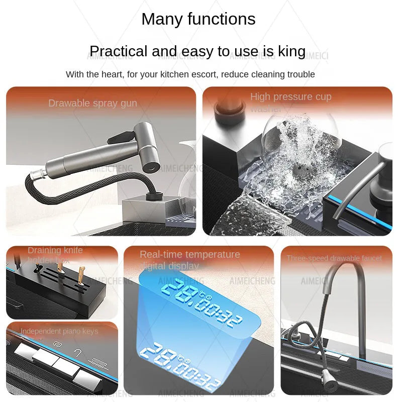 Stainless Steel Kitchen Sink with Faucet Digital Display Large Single Bowl Waterfall Rain 5 Functions System Dish Basin Sink