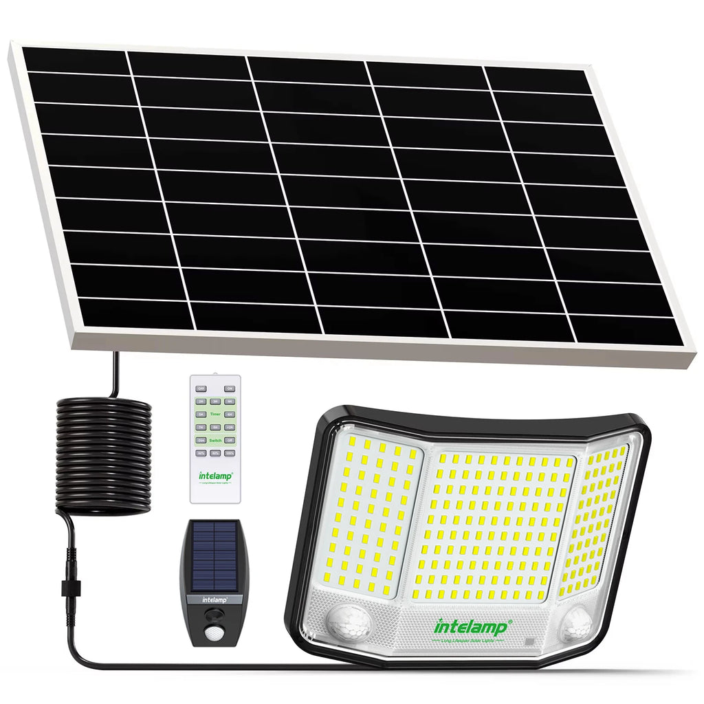Intelamp 20000mAh Solar Flood Lights Outdoor Super Larger Solar Panel 4000LM Linkable Three Motion Sensor For Garden Yard Garage