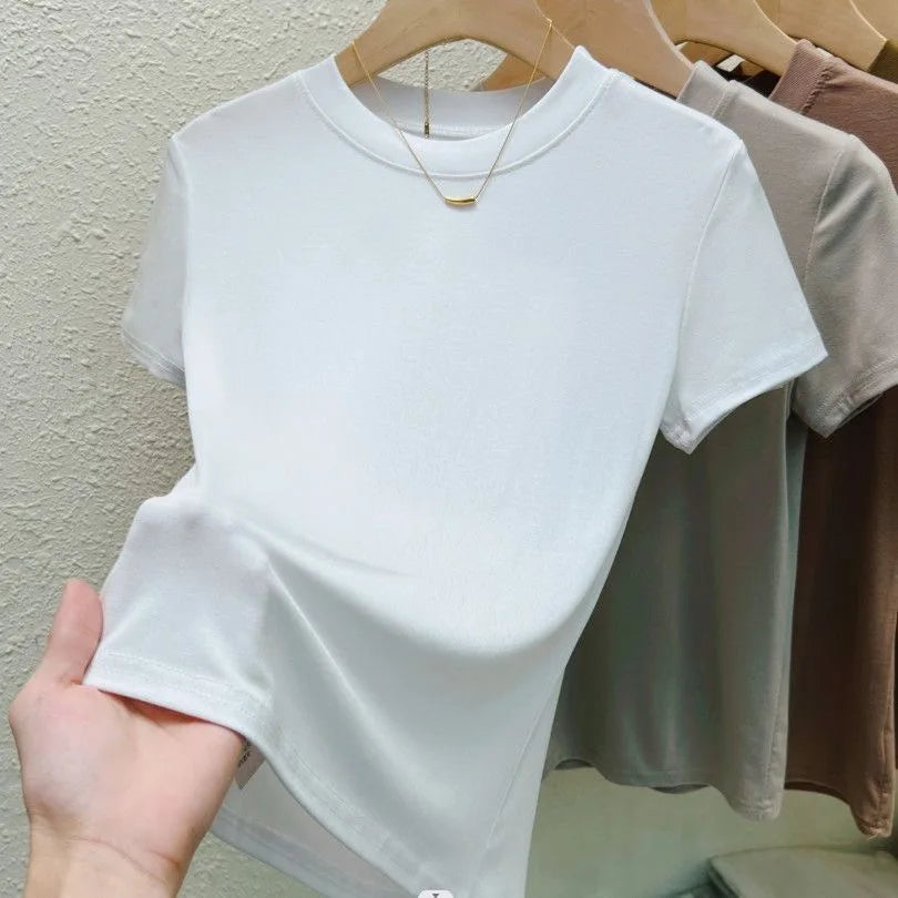 T-Shirt Femme Col Rond Chic Décontracté Urbain Grande Taille Haut Uni Sexy Slim Été Manches Courtes Vêtements Femme