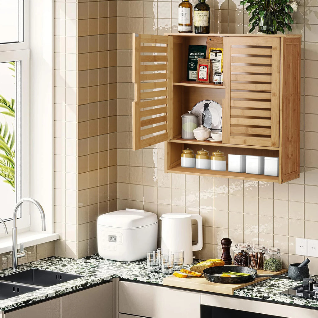 Meuble de Rangement Mural pour Salle de Bain Étagère de Rangement en Bambou Armoire à Pharmacie