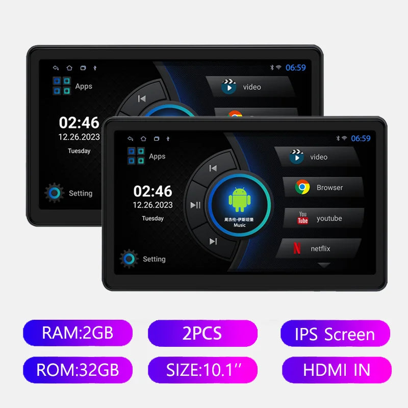 Incell 10.1" Android 13 Car Headrest Monitor Ultra-thin Touch Screen For Rear Seat Multimedia Player Carplay Ambient Lights BT