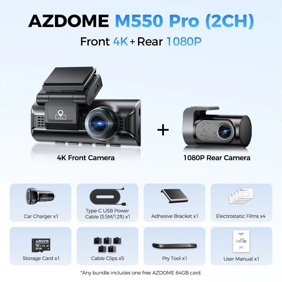 AZDOME M550 Pro Dash Cam Car DVR 5.8Ghz WiFi 3.19" IPS 2 or 3 Channel Dash Camera GPS Night Vision Dual 4K+1080P Parking Monitor