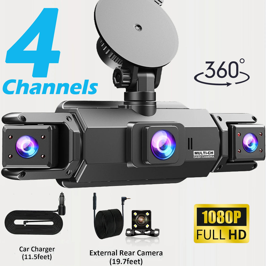 360° Car DVR Dash Cam 4 Lens Front Rear Left Right Inside IPS Screen Rotatable Lens Night Vision 24H Parking G-Sensor Black Box