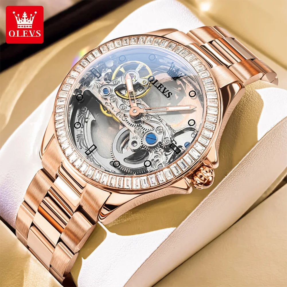 OLEVS Fully Hollowed Watches for Women Automatic Mechanical Women's Watches Luxury Stainless Steel Diamond Inlay Wristwatch 6699