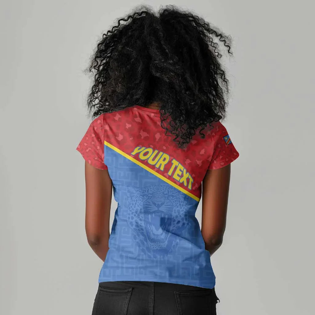 Democratic Republic of Congo Women's Blue Sweatshirt, V-neck T-shirt, Printed, Retro Minimalist Style Women's T-shirt Top