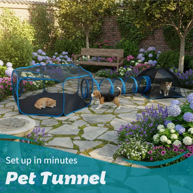 3-in-1 Portable Mesh Pet Fence Playhouse Multi-Animal Cage with Tunnel Indoor Outdoor Easy Setup for Cats And Small Animals