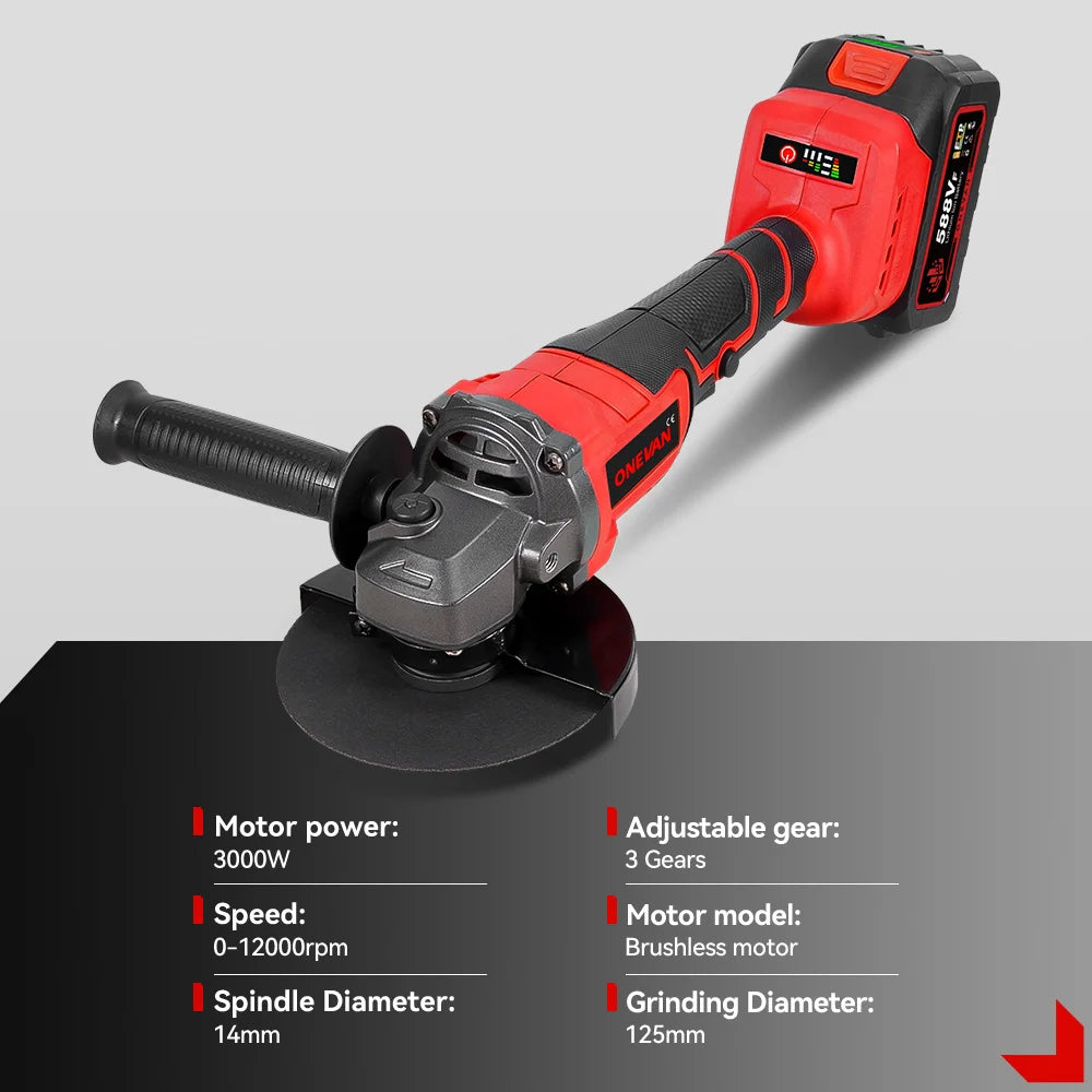 ONEVAN 3000W Brushless Electric Angle Grinder 3 Gear Cordless Cutting Metal Pipe Power Polish Tools For Makita 18V Battery Pin