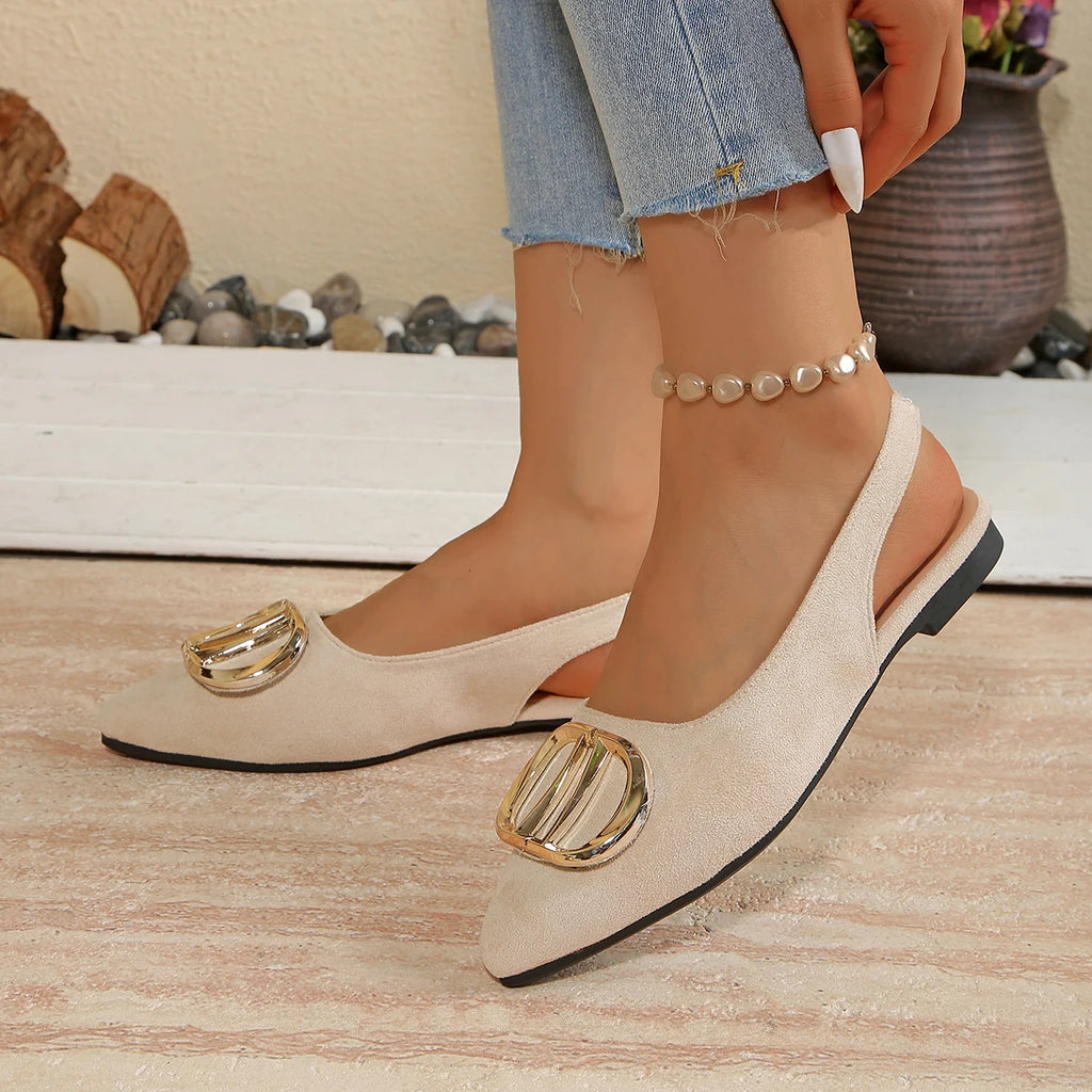 French Pointed-toe Metal Flat Shoes Baotou Sandals Shallow-mouth Single Shoes Foreign-style Explosive Internet Celebrity