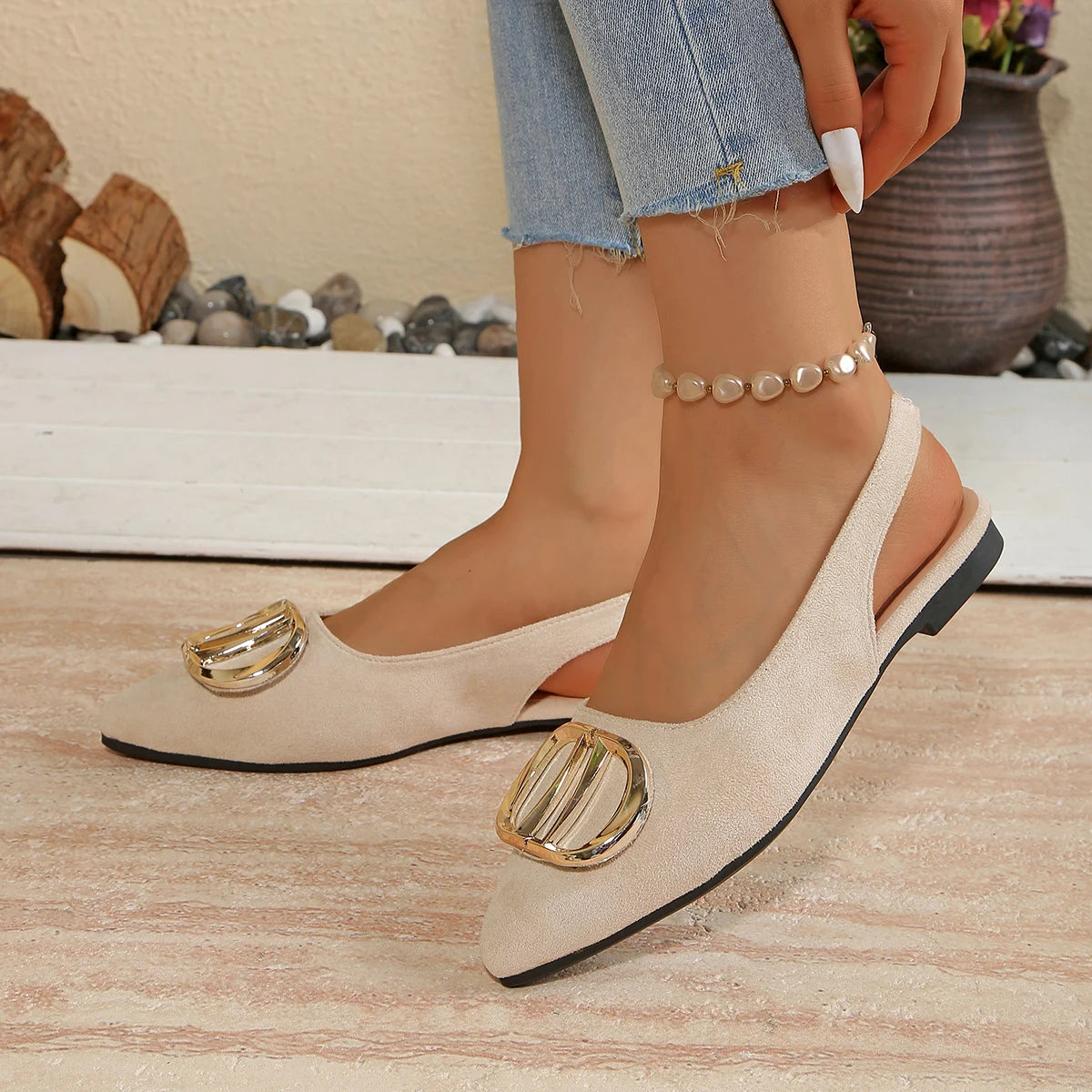 French Pointed-toe Metal Flat Shoes Baotou Sandals Shallow-mouth Single Shoes Foreign-style Explosive Internet Celebrity