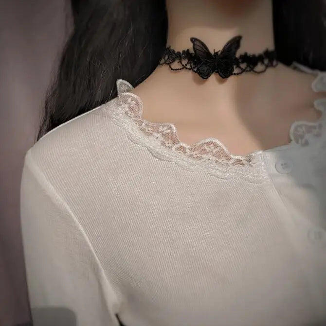 Black lace necklace with collarbone chain, exuding a super fairy temperament. Three dimensional butterfly choker necklace, handm